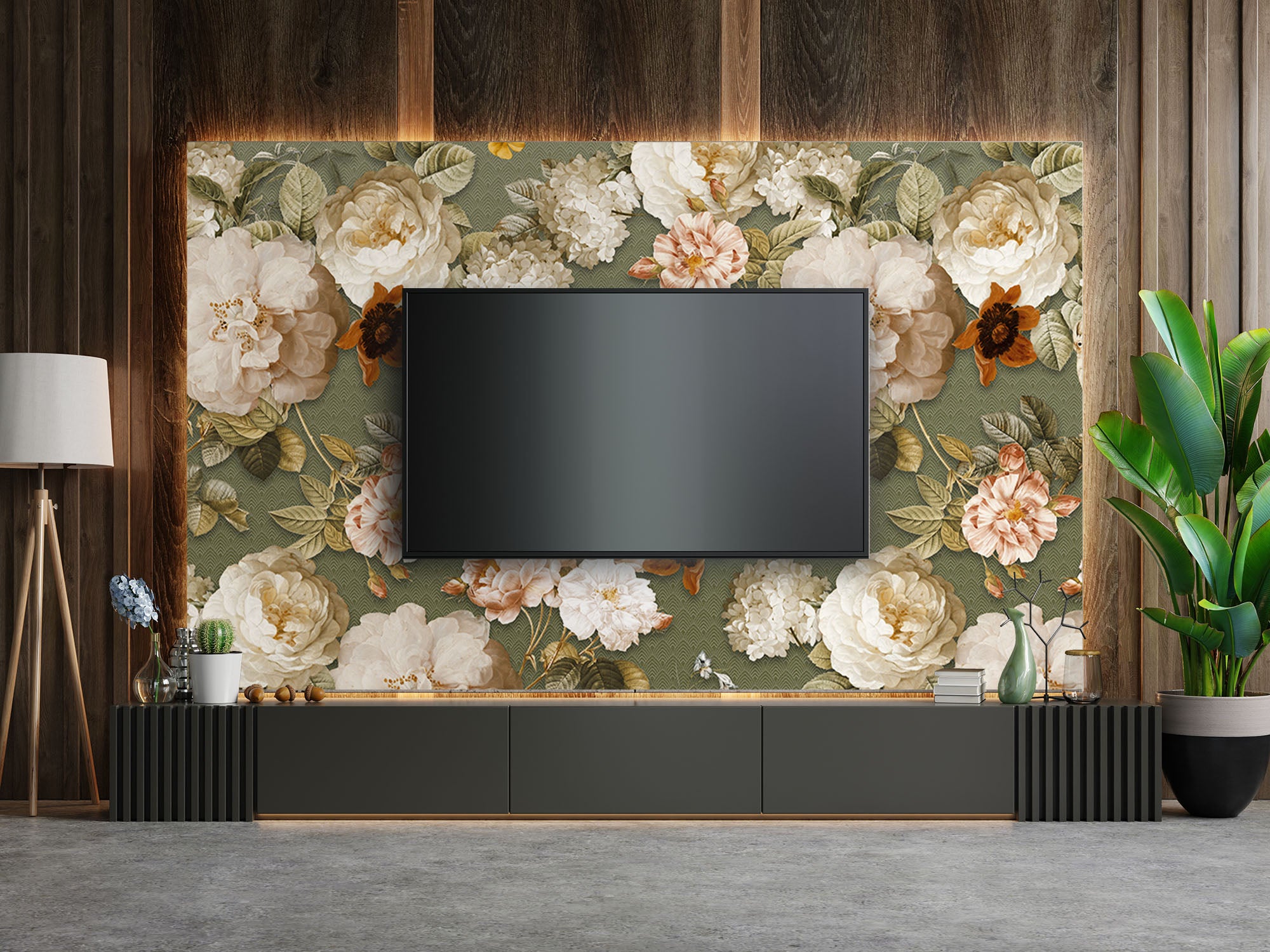 Bloemen behang in combinatie met led verlichting in de cinewall.